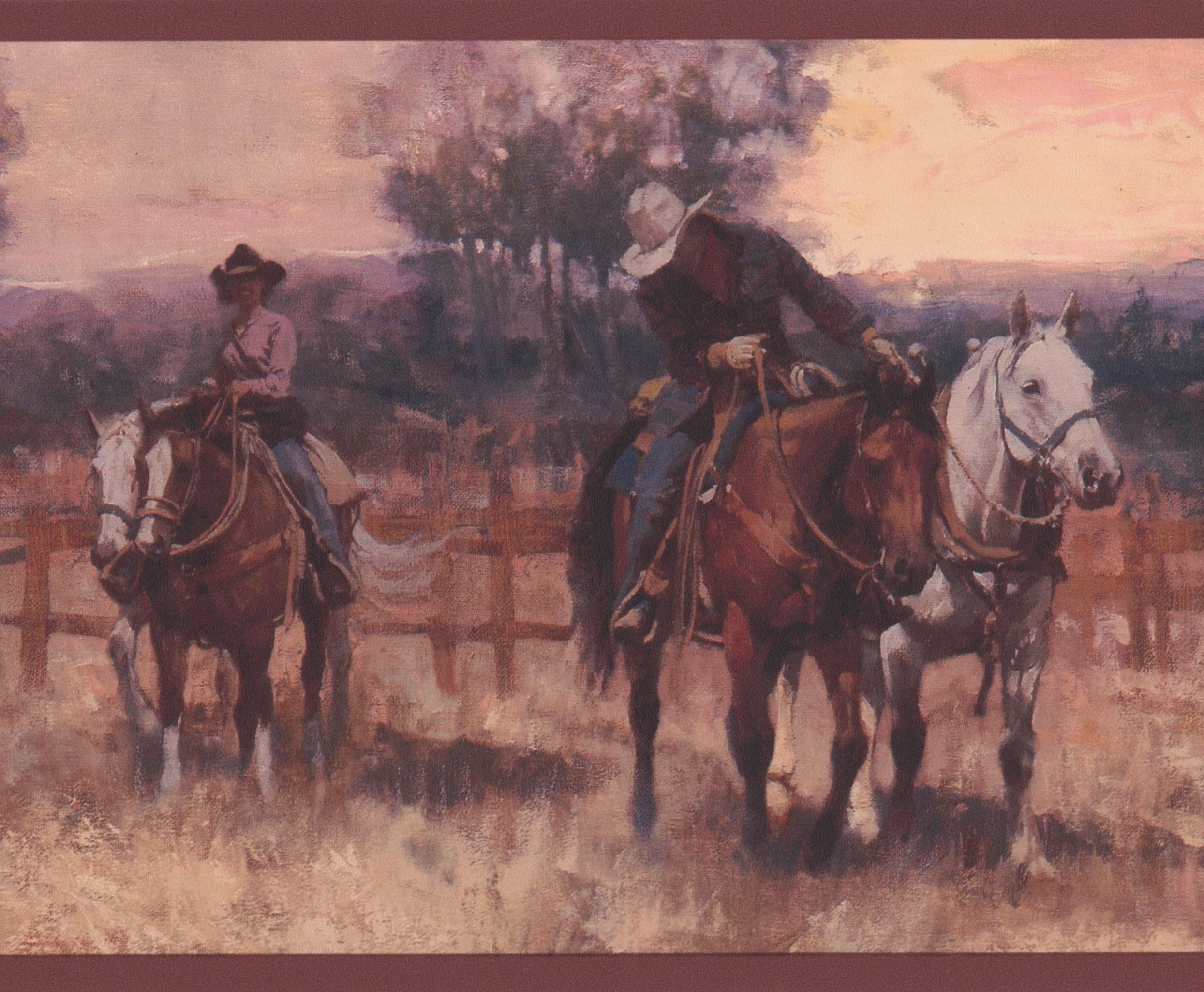 Wallpaper Border - Cowboys on Horses Village Wall Border Retro Design