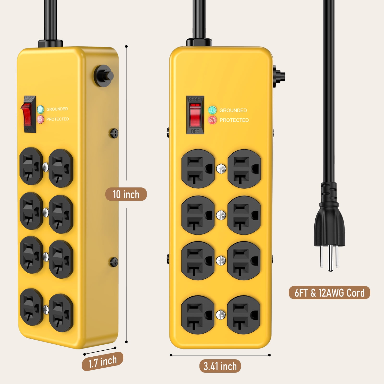 VILONG Heavy Duty Surge Protector Power Strip 20A, 8-Outlet,4800J /2500W, Multi Plug Outlet, 6ft 12AWG Extension Cords for Indoor, ETL, Yellow