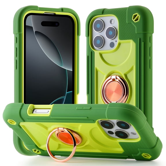 Military Grade Phone Case compatible with Apple iPhone 16 Pro Max, Heavy Duty Cover with 360 Ring Kickstand, Shockproof TPU PC Bumper, Raised Edges Drop Protection