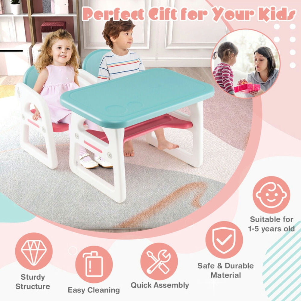 Resenkos Kids Table and Chair Set with Building Blocks-Pink & Blue, Small Folding Table for Arts & Crafts, Snack Time, Homeschooling, Homework
