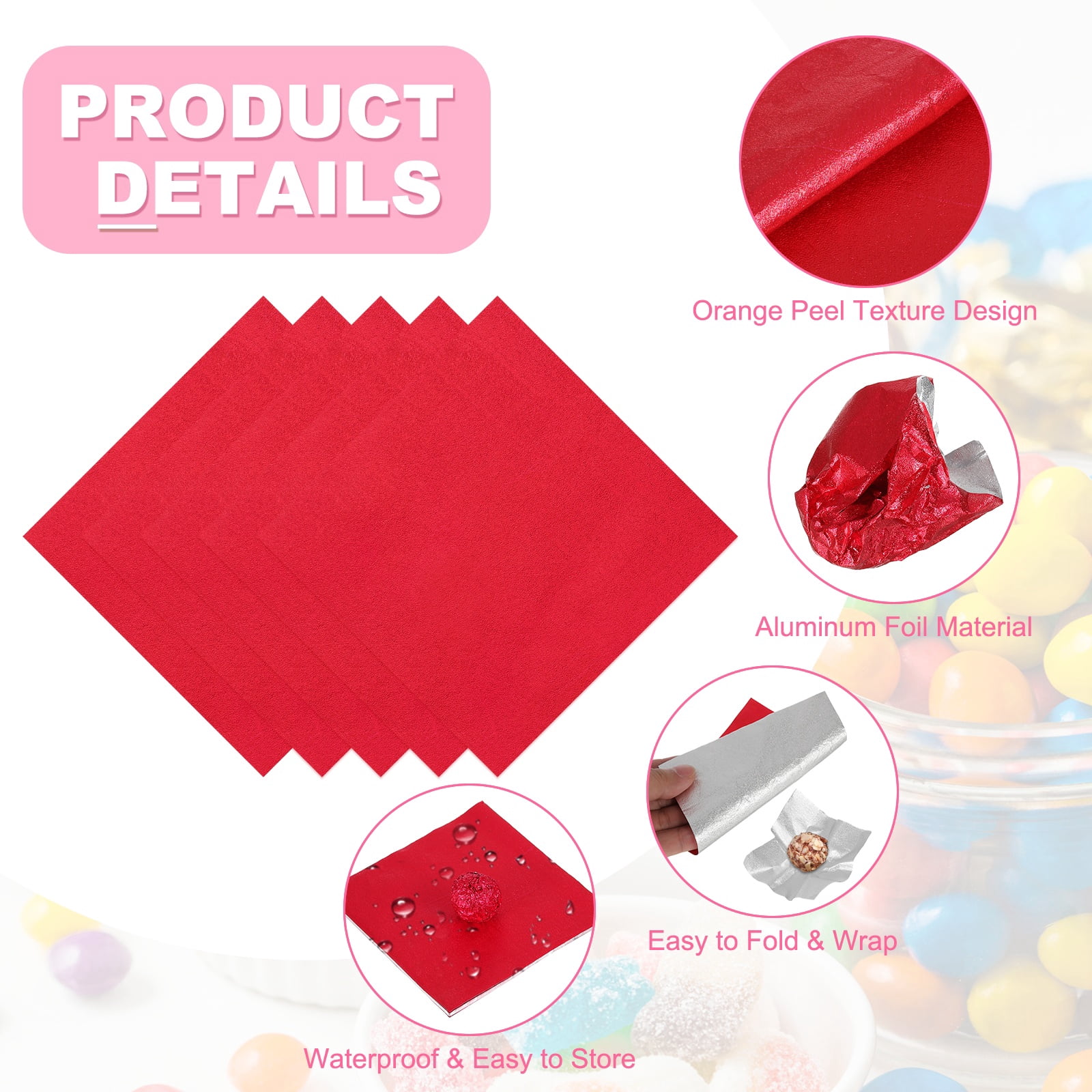 Uxcell 200 Pcs Candy Foil Wrappers, 7.87 x 7.87 Inch Aluminium Foil Chocolate Bar Square Wrappers for Tea Brownies DIY Packaging Wedding Party Decoration, Red (Orange Peel)