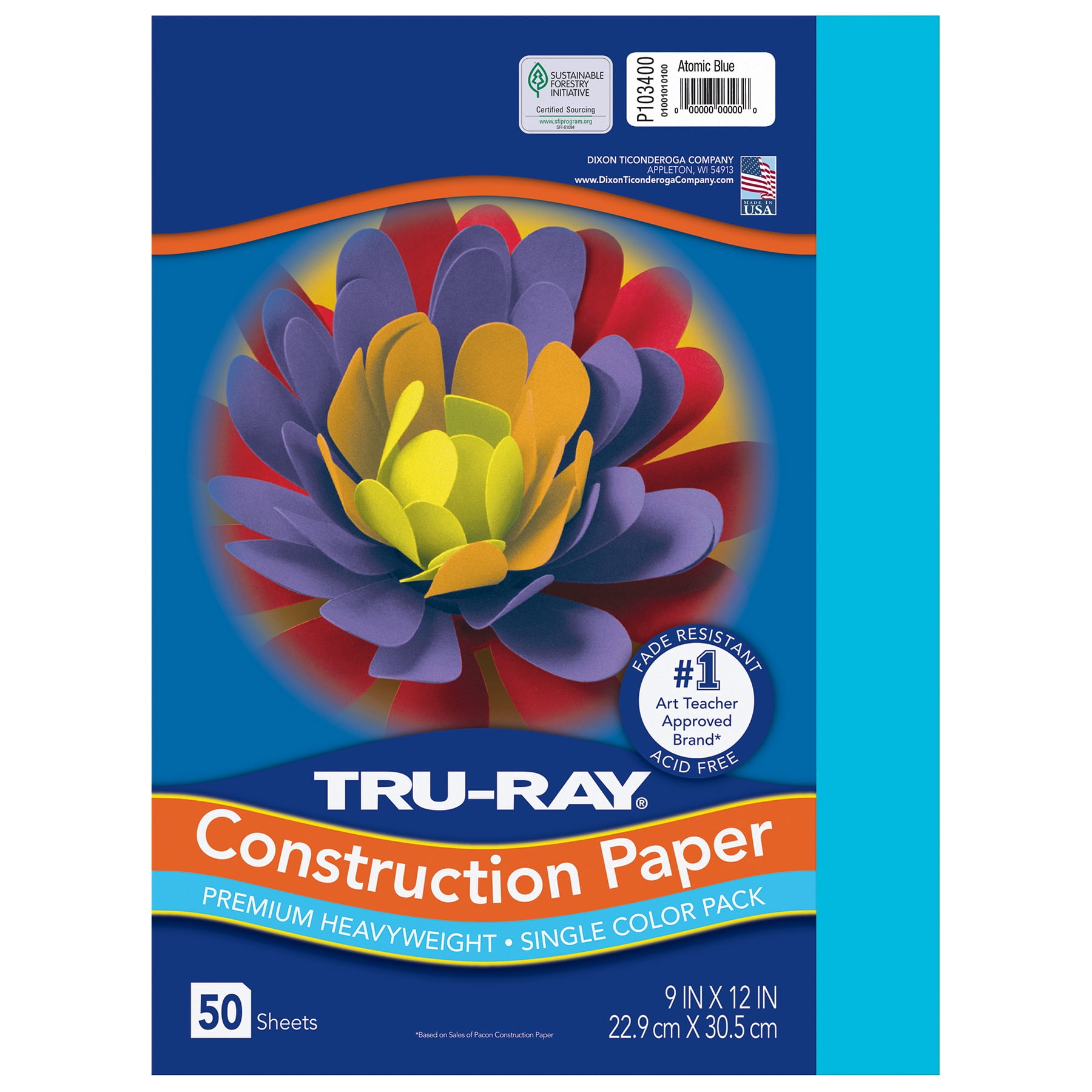 Tru-Ray Construction Paper, Heavyweight, Atomic Blue, 9" x 12", 50 Sheets Per Pack, 5 Packs