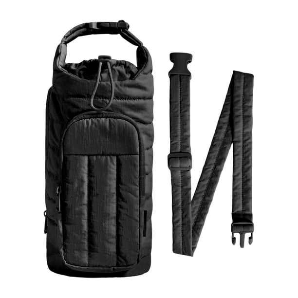 Bolsa para botella de agua con accesorios para taza, bolsillo para teléfono móvil y funda para botella. Negro