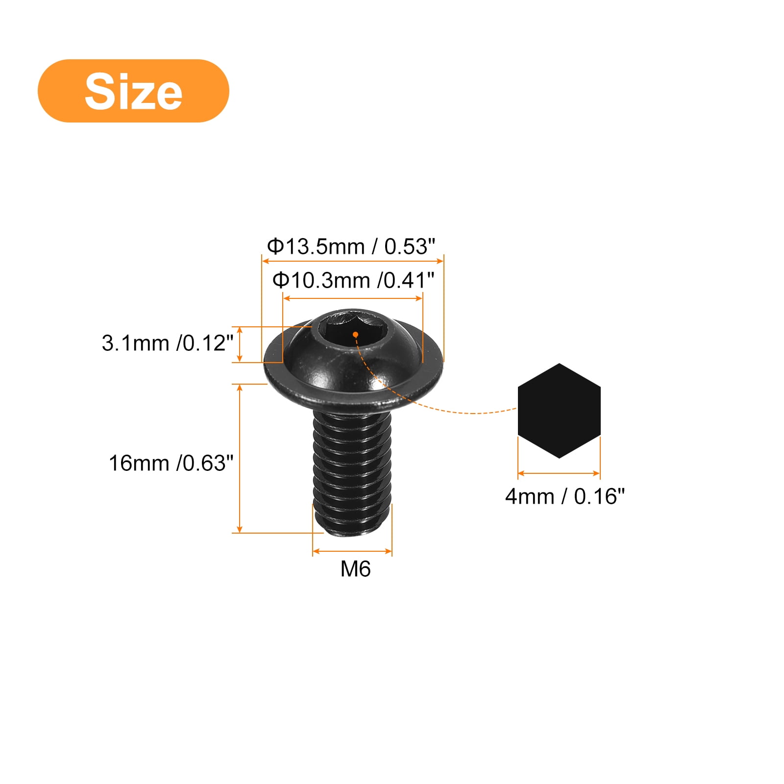 Uxcell Flanged Button Head Socket Cap Screws, 100 Pcs M6x16mm - 304 Stainless Steel Socket Drive Fasteners Bolts, Fully Thread Machine Screws (Black)