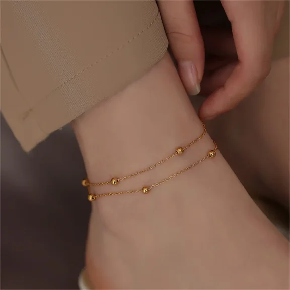 Golden Color 14K Yellow Gold Bead Anklet Simple Multi-Layer Anklet For Women Fashion Jewelry Trendy Accessories