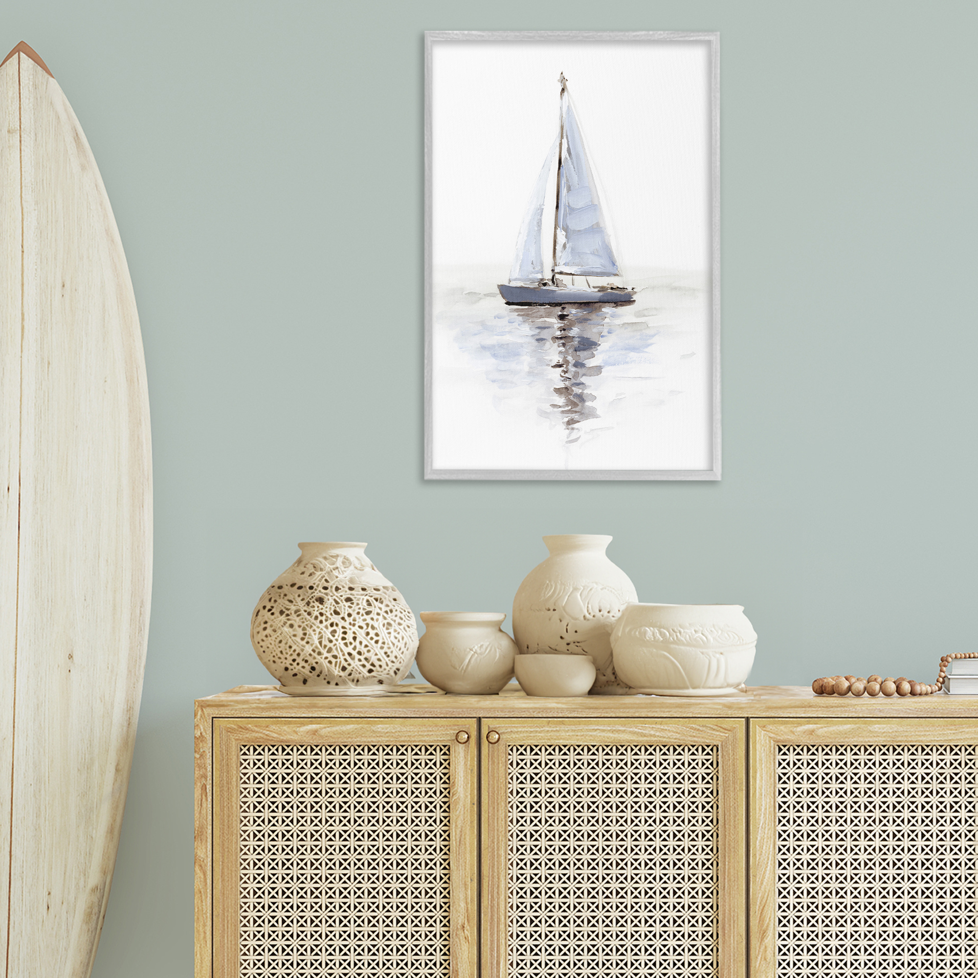 Stupell Industries Minimal Sailboat Reflection Transportation Painting Gray Framed Art Print Wall Art, 20 x 30
