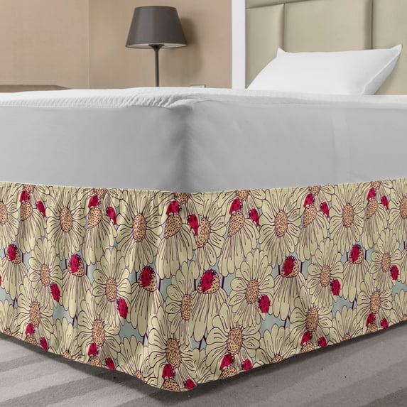 Ladybug Bed Skirt, Bug and Daisy Pattern with Thriving Nature of Spring Season Theme, Elastic Bedskirt Dust Ruffle Wrap Around for Bedding Decor, 4 Sizes, Dark Coral Cream, by Ambesonne