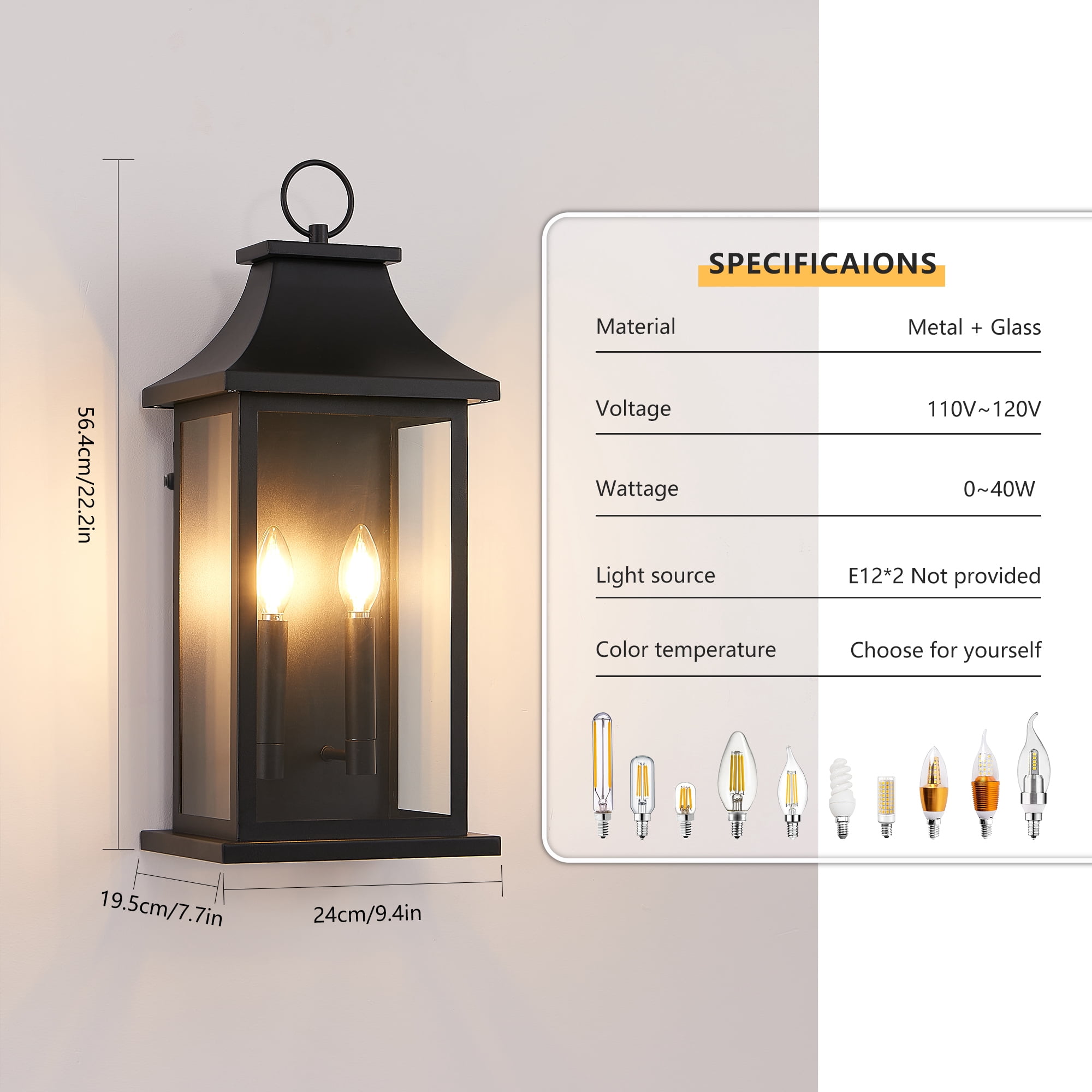 Leumius 1-Pack Outdoor Wall Lantern 2-Light, 22.2" Large Outside Wall Sconce, Modern Black Wall Light Fixture with Glass, Waterproof Exterior Lamp for House, Porch, Garage