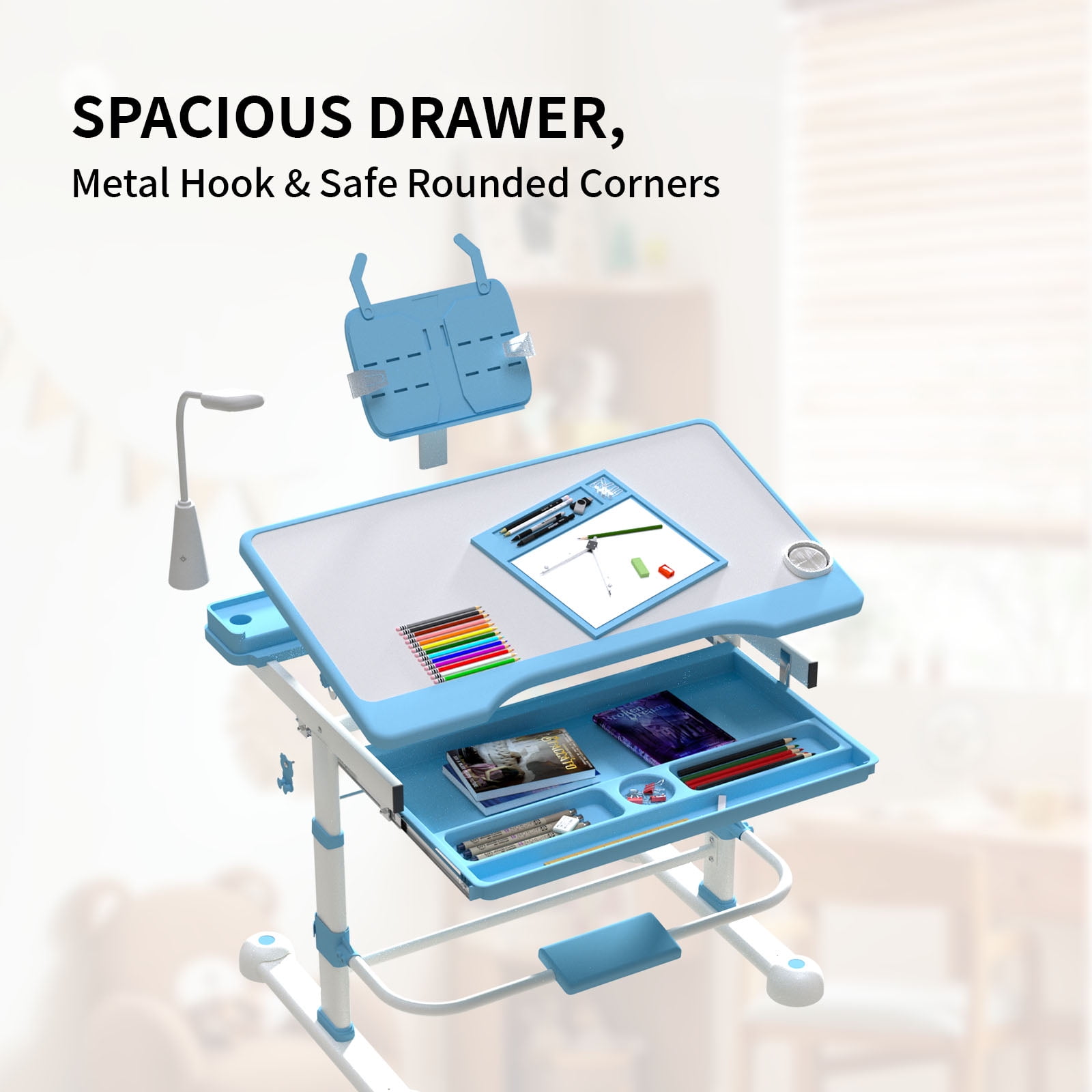Kids Adjustable Desk & Chair Set with LED Light & Tilt Top, Study Table with Drawer & Bookstand, Blue
