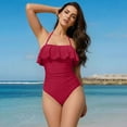 thumbnail image 4 of Women’s One Piece Swimsuit Ruched Ruffle Bathing Suits Halter Adjustable Slimming Swimwear 2026,Wine,L, 4 of 6