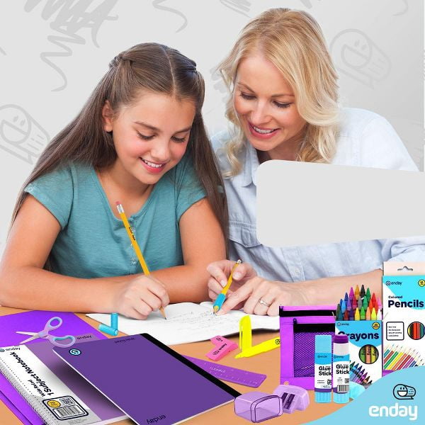 School Supplies Kit for Grades K–5 – 71 Items: Composition Notebook Subject Notebook, Pencils, Folders Colored Pencils, Crayons, Scissors, Glue & More