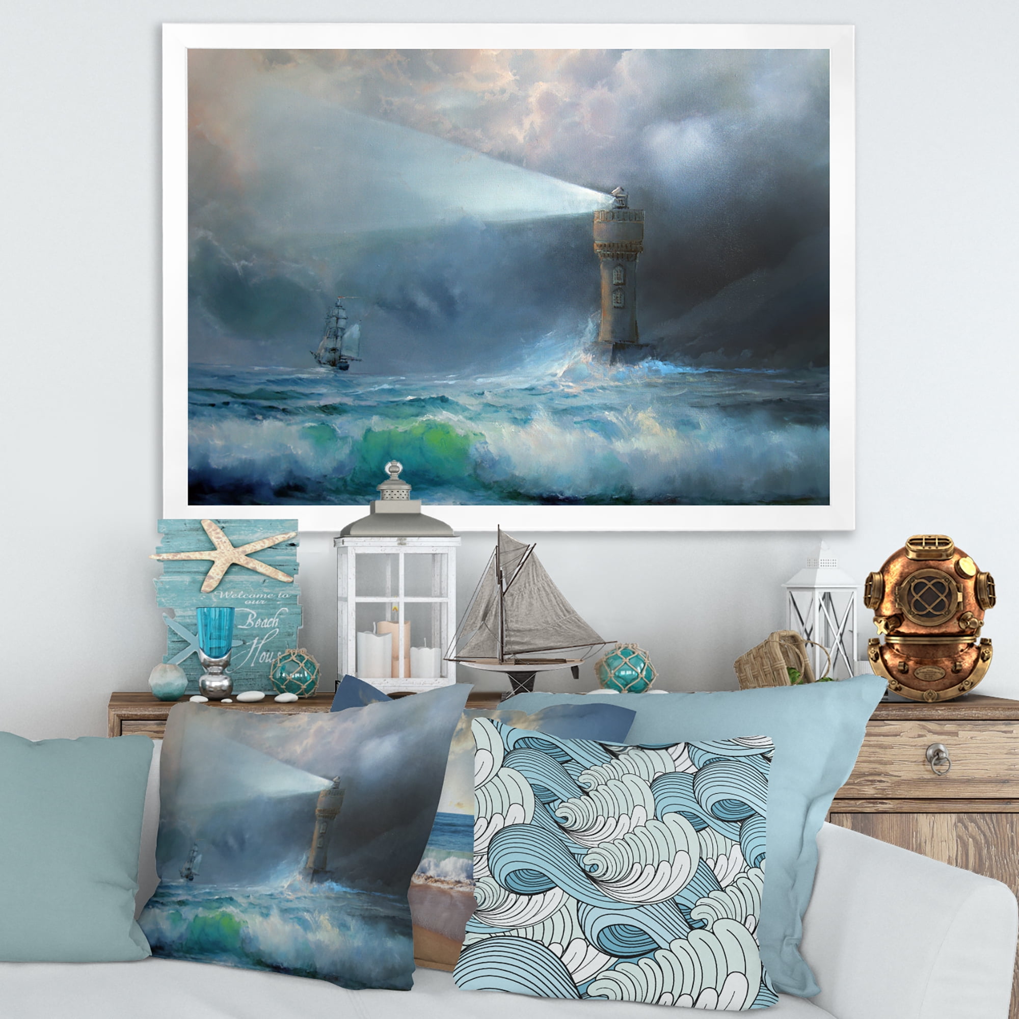 Lighthouse Shining Light During Stormy Clouds Night II 40 in x 30 in Framed Painting Canvas Art Print, by Designart