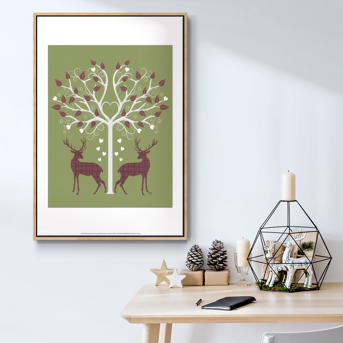 Christmas Des - Deer and Heart Tree, Pink On Green - Framed Gallery Wrapped Holiday Canvas - 27 x 41 - Natural Wood Frame
