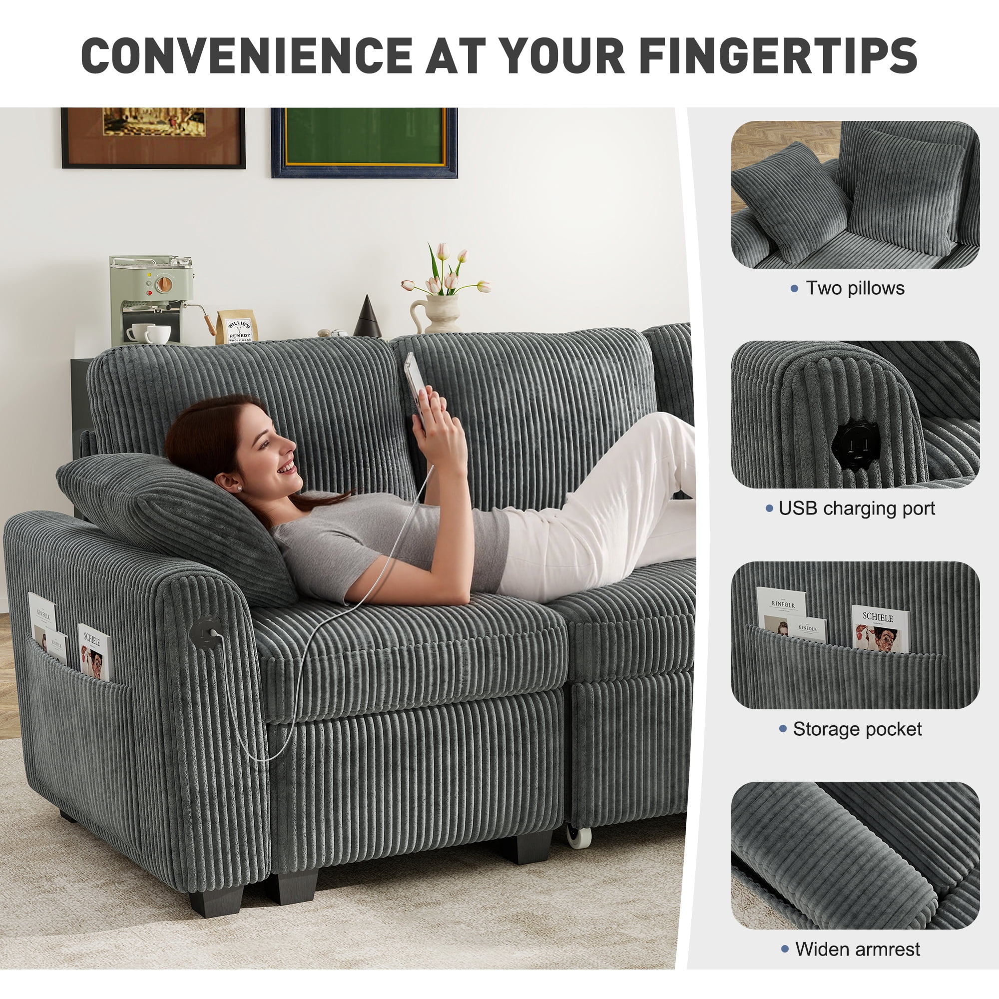 BedLuxury 59" Loveseat With Pull Out Bed, Sleeper Sofa Bed With USB Charging & Side Storage for Small Spaces, Corduroy Gray