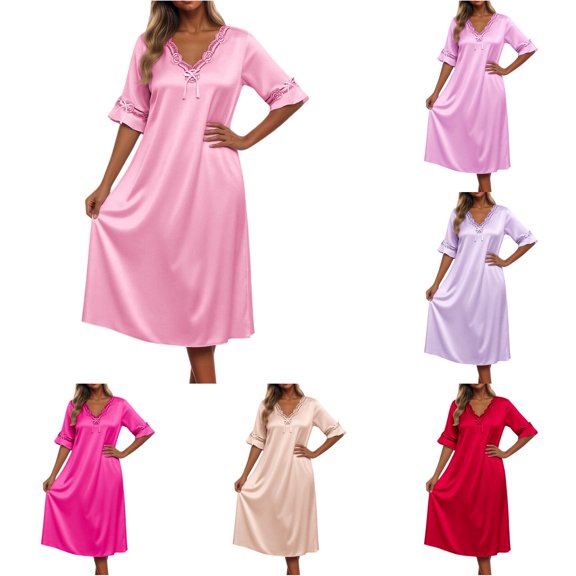LIIPEE Womens Summer Nightgown Sexy Lace Short Sleeve V Neck Sleep Dress Ladies Cozy Sleepwear