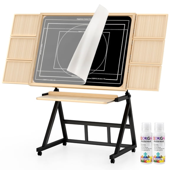 Wooden Jigsaw Puzzle Table with Moving Caster for 1500 Piece Puzzles, Puzzle Board with Drawers, Felt Surface, Adjustable Height & Tilt, Christmas & Birthday Gift for Seniors & Puzzle Lovers