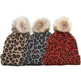 thumbnail image 5 of Women's Knit Hat Winter Leopard Warm Hat Print Fashion Pompom Ball Hat Warm Knit Beanie, Brick, 5 of 5