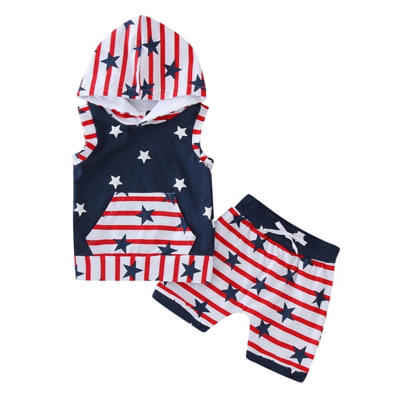 Coerni 4th of July Baby Boy Outfits Toddler Baby Clothes Cotton Sleeveless Hooded T-shirt USA Flag Shorts Summer Clothing Set