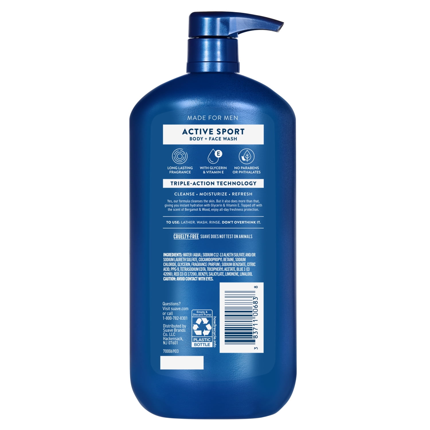 (2 pack) Suave Men Active Sport 2-in-1 Body & Face Wash with Glycerin & Vitamin E, 30 FL OZ