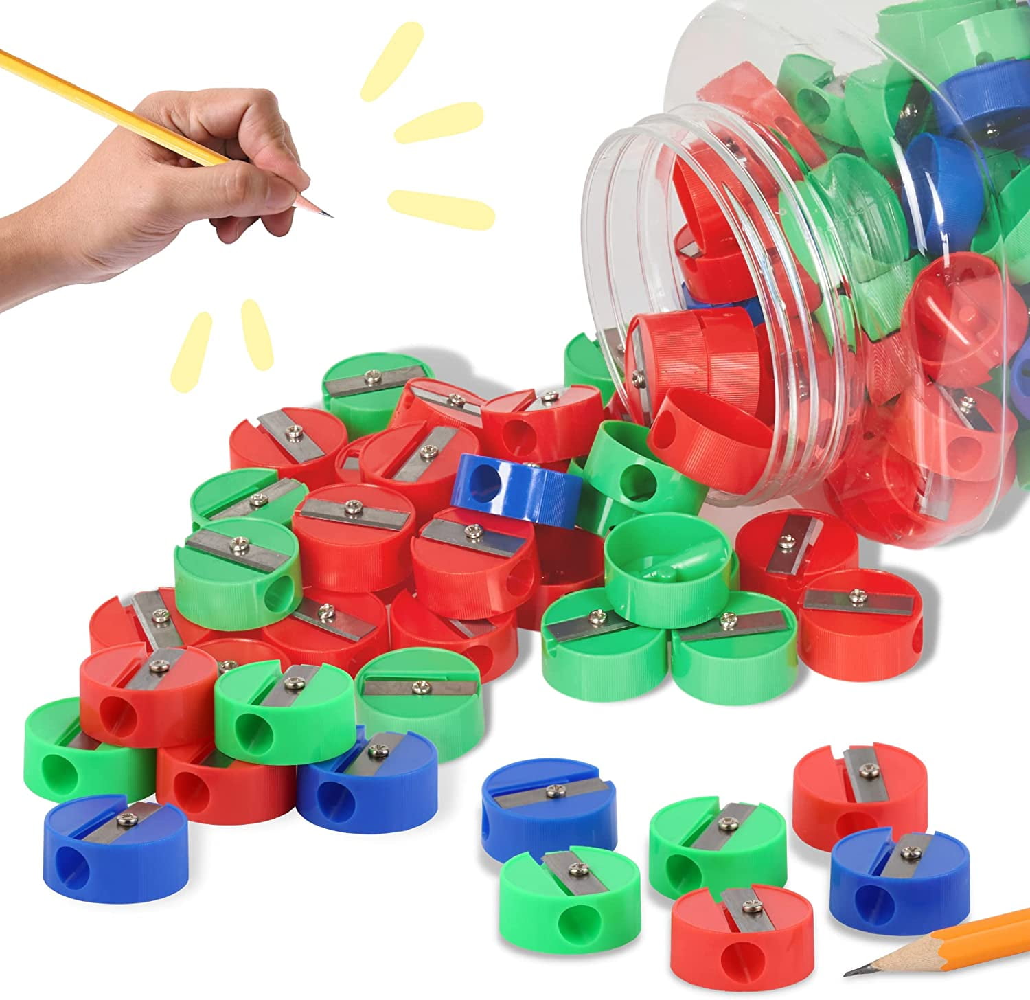 Neliblu Bulk Pencil Sharpeners, 120 Manual Sharpeners, Red, Green, Blue