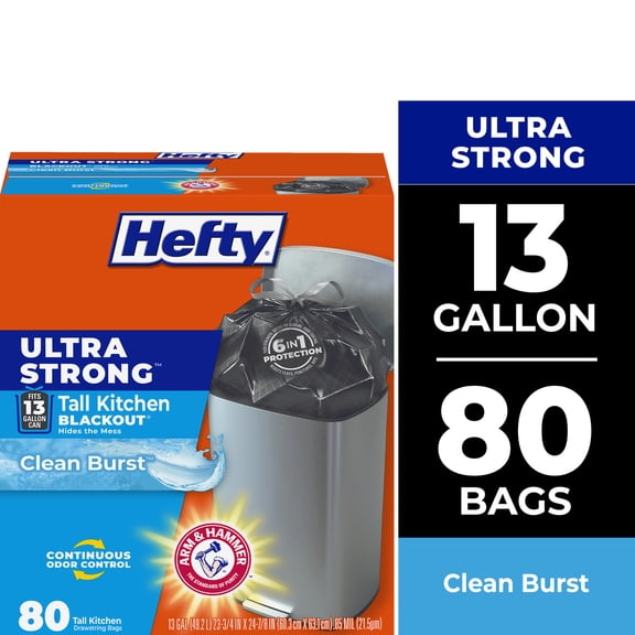 Hefty Ultra Strong 13 Gallon Trash Bags, Tall Kitchen Trash Bags, Blackout, Clean Burst Scent, 80 Bags