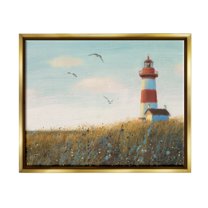 Stupell Industries Coastal Lighthouse Painting Nature Painting Gold Floater Framed Art Print Wall Art, 31 x 25