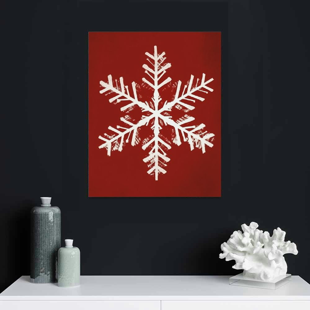 JRXY Christmas Snowflake Wall Art Winter Wall Print Red Wall Poster Painting Canvas Decor for Home Living Room Bedroom 12x16/16x20in Framed 16x20 in