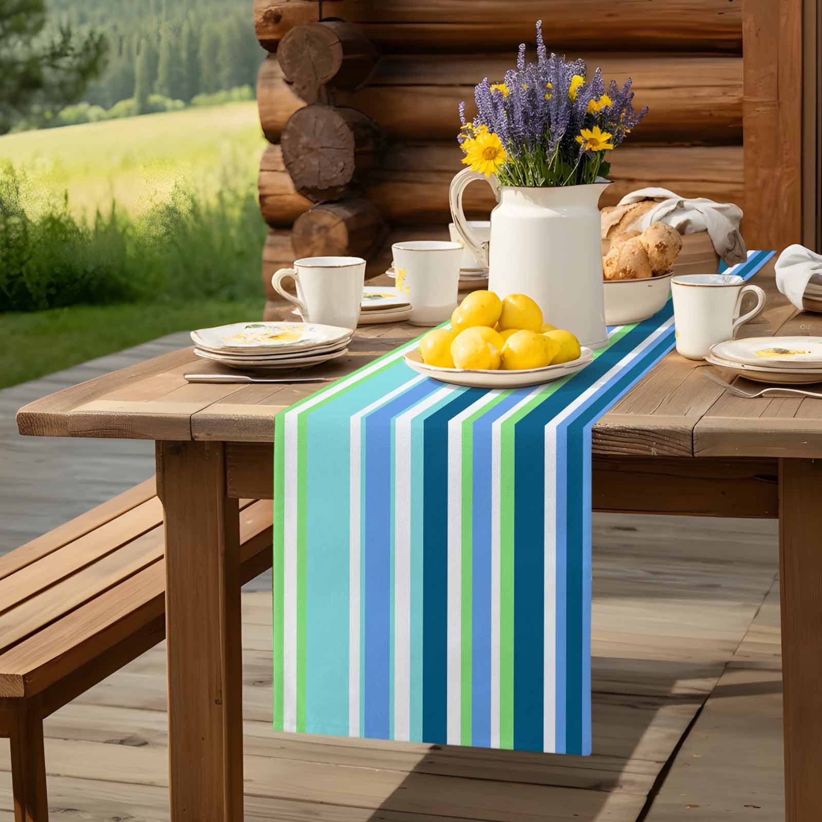 Blue Gradient Colorful Stripe Table Runner 90 Inches Long, Classic Line Table Runners Tabletop Scarf Kitchen Dining Tables Decoration for Home Party Indoor Outdoor