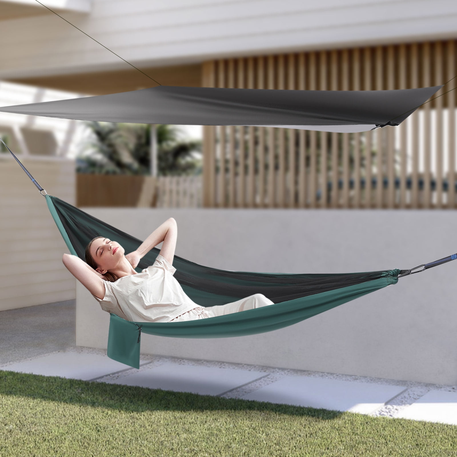 Fichiouy Camping Hammock with Net Tent and Rain Fly Tarp Portable Nylon Parachute Hammock with Heavy Duty Tree Strap Load-Bearing Capacity 200kg/440.9lbs