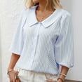 thumbnail image 6 of Viluyesy V-Neck T-Shirt for Womens 3/4 Sleeves Shirt Tops Relaxed Stripe Loose Blouse Light Blue Size M, 6 of 8