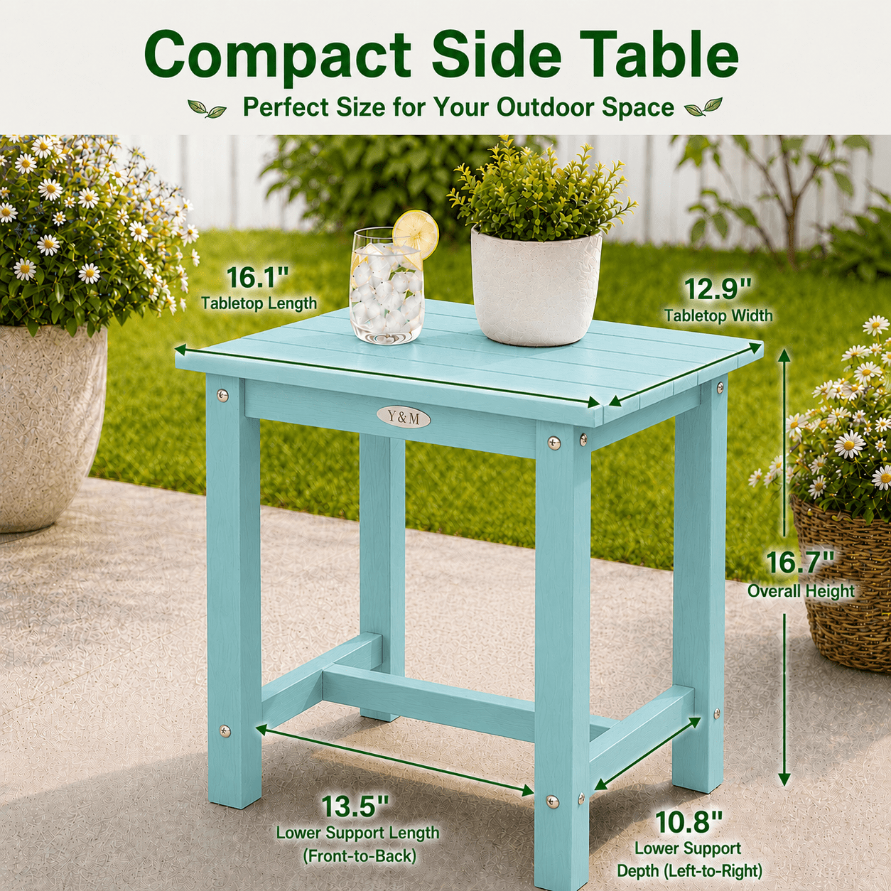 Y&M Outdoor Side Table, HIPS Adirondack Small Single Table, Waterproof Square Outside Table, Balcony Modern End Tables for Patio, Pool, Beach, Porch, Deck, Indoor or Outdoor Use, Light Blue