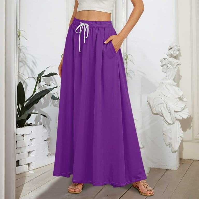 WTOBBY Women's Solid Color Flowy Flared Maxi Skirt with Ruffle Hem