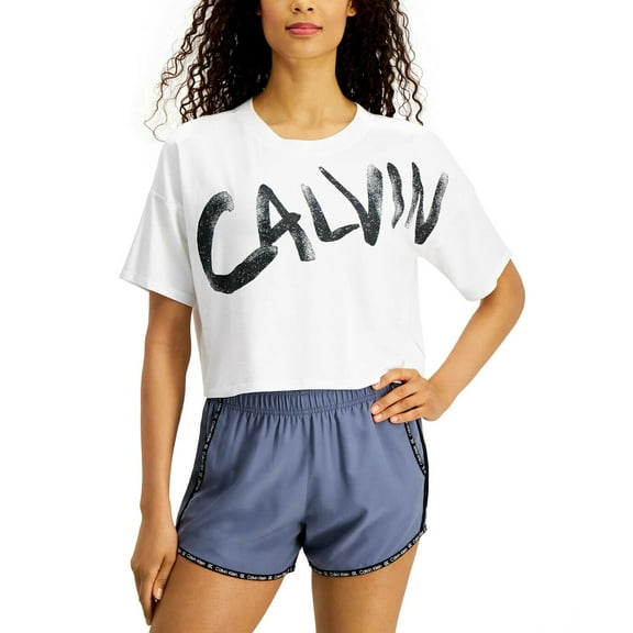 Calvin Klein Women's Brushed Logo Relaxed Cropped T-Shirt White Size Large