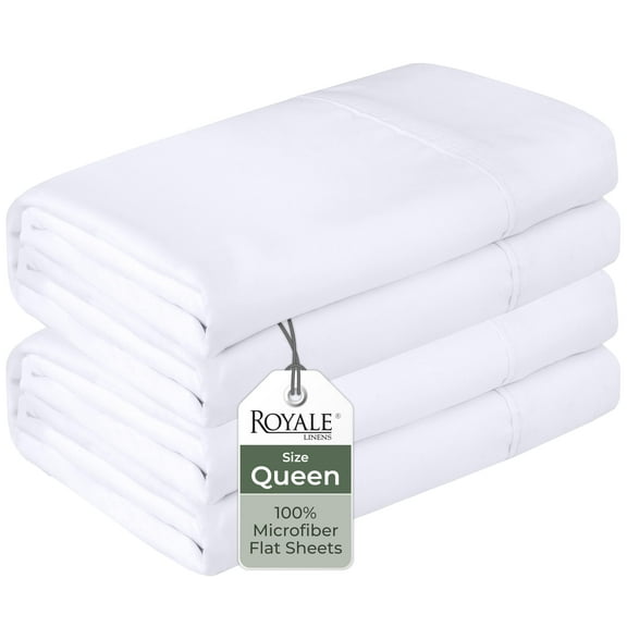 Royale Linens 2 Pack Bulk Flat Sheet Set - Top Sheets - Soft 1800 Microfiber - Wrinkle & Stain Resistant - for Hotel, Massage Table, Hospital, Dorm - Queen Flat Sheet Sold Separately (Queen, White)