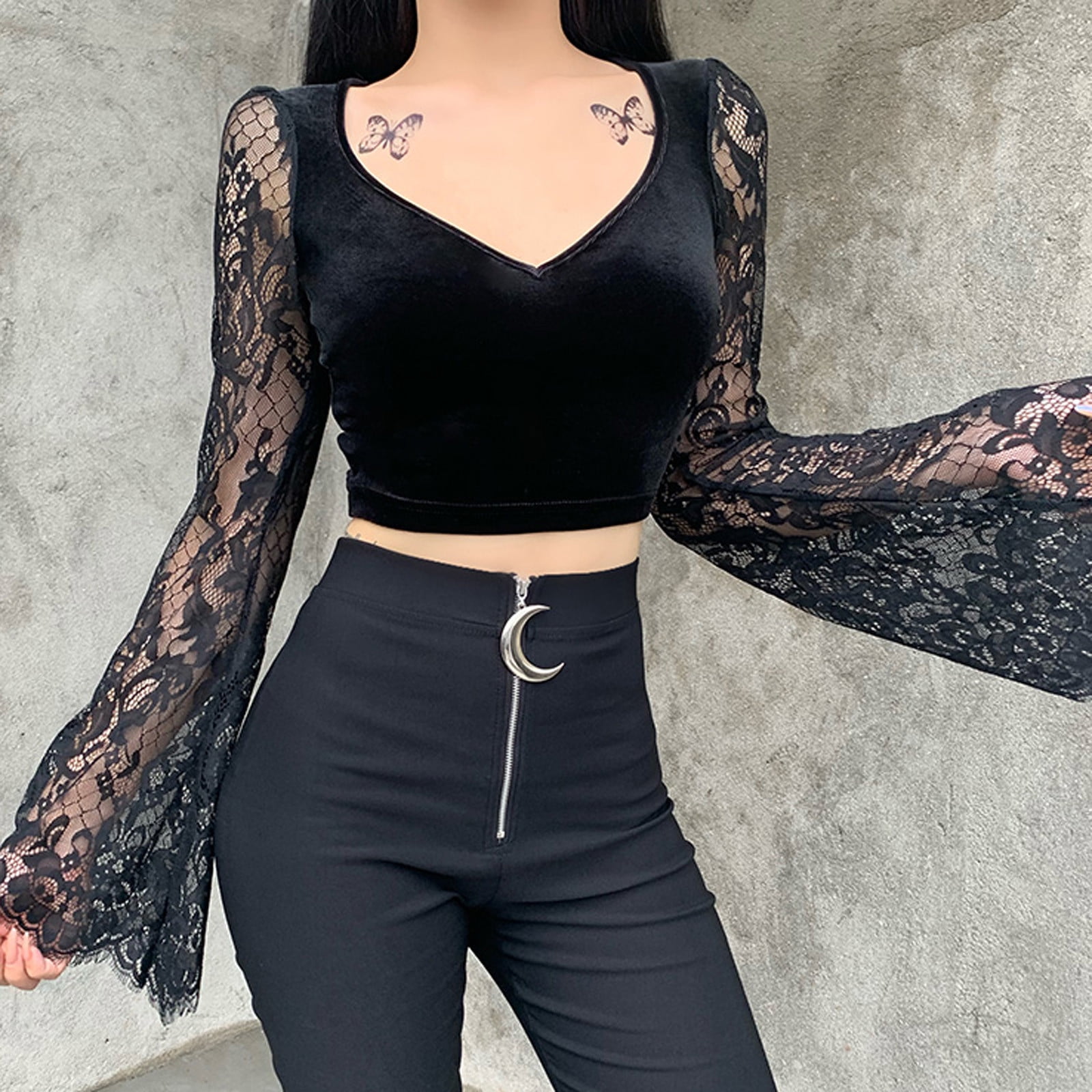 hoksml Fall Clothes For Women 2022 Women Loose Casual Lace Half  SleeveＶ-Neck Zipper Hollow Out T-Shirt Blouse Tops Clearance