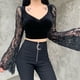 thumbnail image 2 of Moda mujer encaje sólido manga larga encaje patchword v-cuello blusa corta Fridja  fhghd2134, 2 of 9