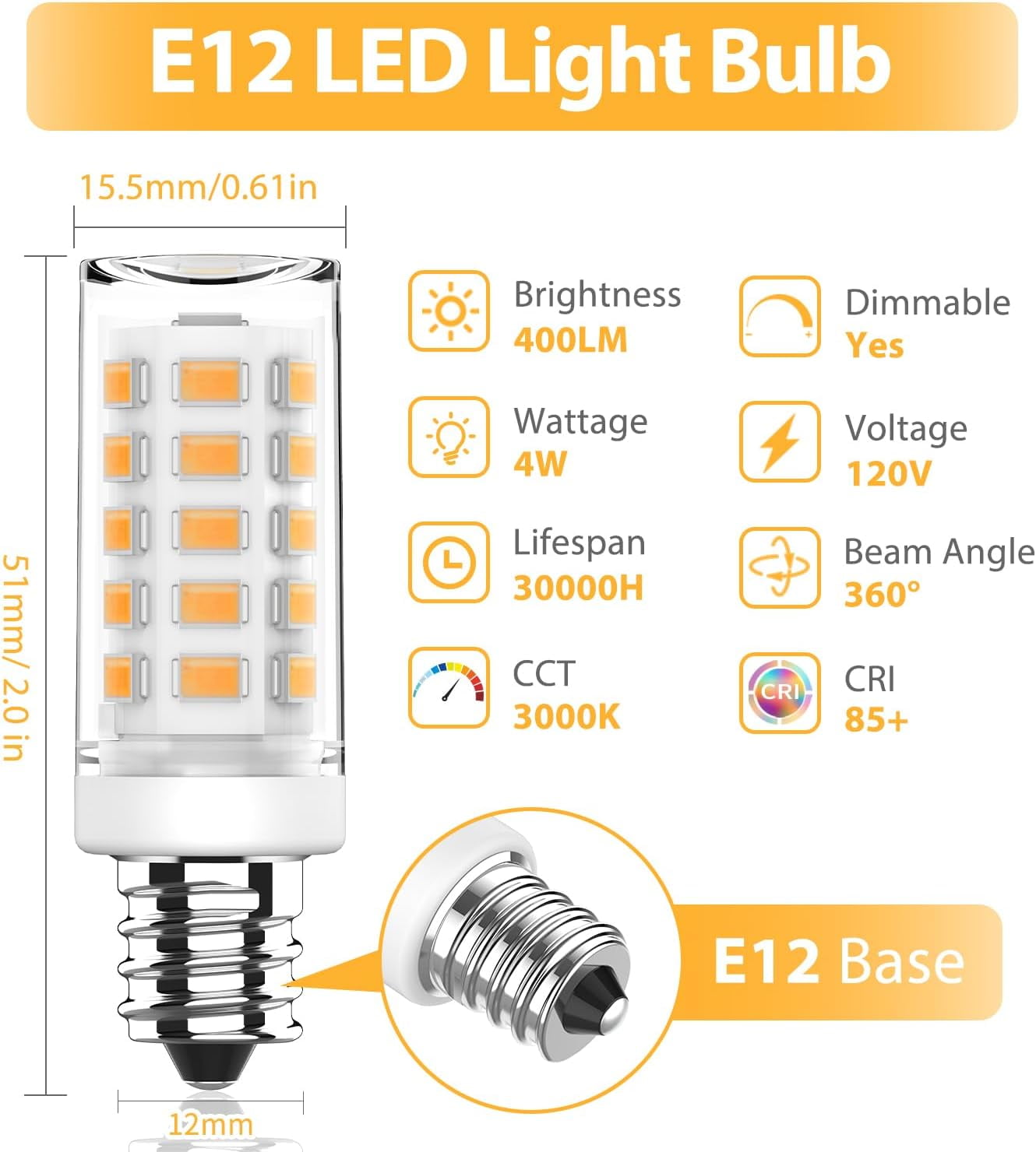 SHAANXIXIAN Dimmable E12 LED Bulb 4W Equivalent 40W Halogen, 3000K Warm White AC120V C7 E12 Candelabra Base Light Bulbs for Ceiling Fan Chandelier, 400LM, 6 Pack