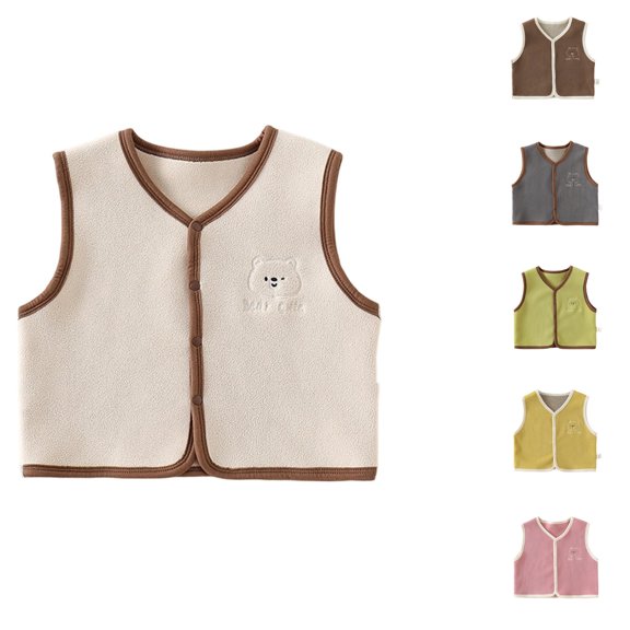Toddler Kids Oat Vest Baby Cartoon Bear Embroidery Sleeveless Waistcoat Reversible Warm Button Up Outerwear Vest for Boys Girls Autumn Daily Wear(White,12-24 Months)