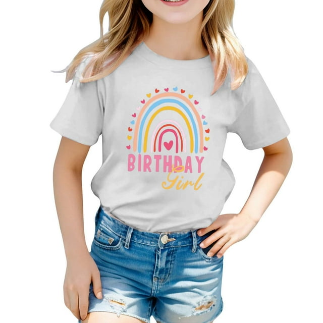 NINGMENG Hauts et T-Shirts pour Filles Préadolescentes, Imprimé Arc-en-Ciel, Col Rond, Manches Courtes, Hauts de Fête, T-Shirts à Enfiler, Blanc, 10-11 Ans