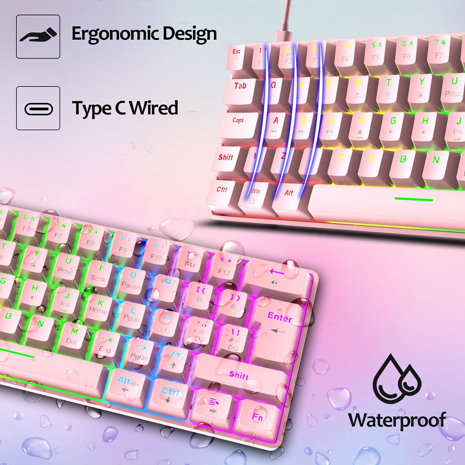 Lexontech T60 Wired Gaming Keyboard 60% True Mechanical Blue Keyboard Mini Portable 62 Keys 19 RGB Chroma LED Backlit Full Keys Anti-Ghosting for Gamers and Typists (Pink/Blue Switch)