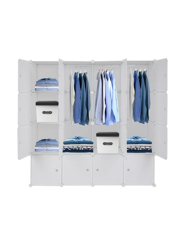 SamyoHome Stackable Closet System Clothes Organizer Plastic Storage Shelves with 16 Cube, White