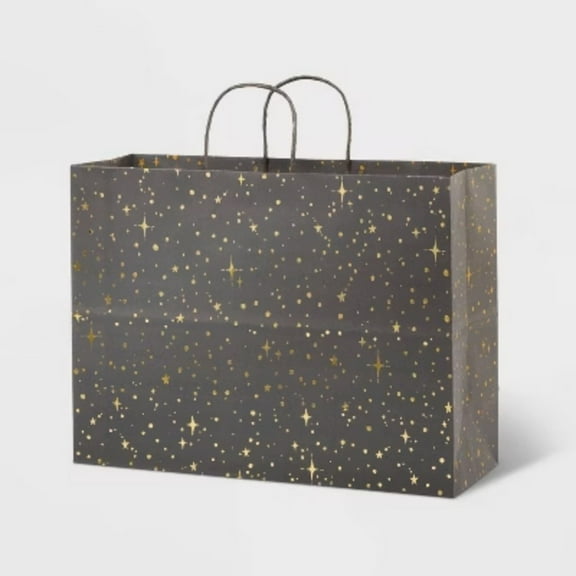 Medium Foil Star Pattern Gift Bag Gray/Gold - Spritz: Black Polka Dot, Christmas & Graduation Gift Bag, 12"x16"x6"