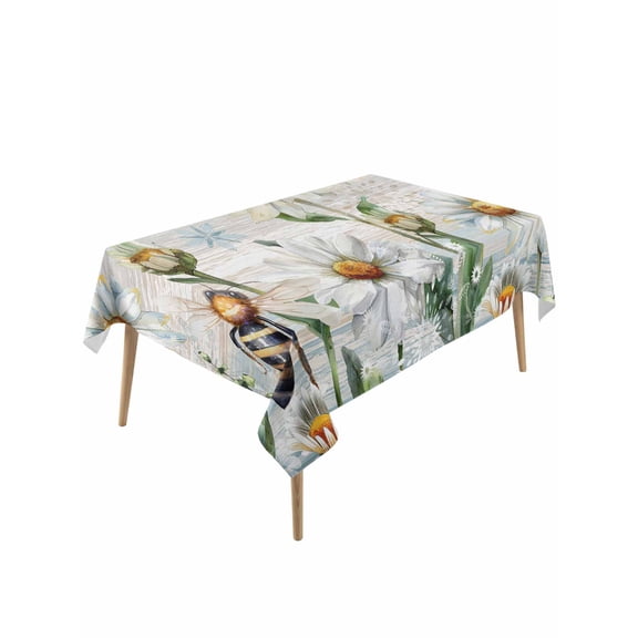 Summer Botanical Table Cloth, White Daisy Botanical Bee Farmhouse Waterproof Tablecloth for Rectangle Tables, Reusable Washable Fabric Table Cover for Restaurant Kitchen Dining Tables 60"x120"