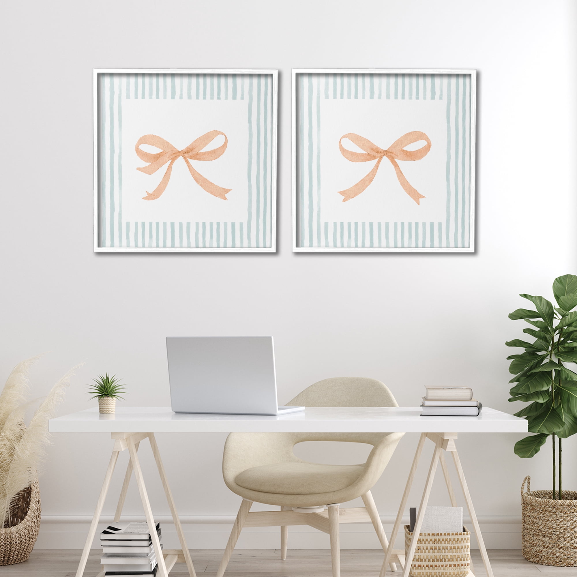 Stupell Industries Orange Bows and Blue Stripes 2 Piece White Framed Giclee Art Set, design by Patricia Pinto
