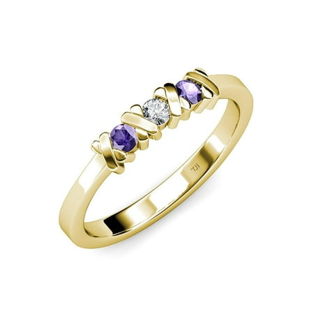 

Iolite and Diamond (SI2-I1 G-H) XOXO Hugs and Kisses 3 Stone Ring 0.30 ct tw in 14K Yellow Gold.size 4.5