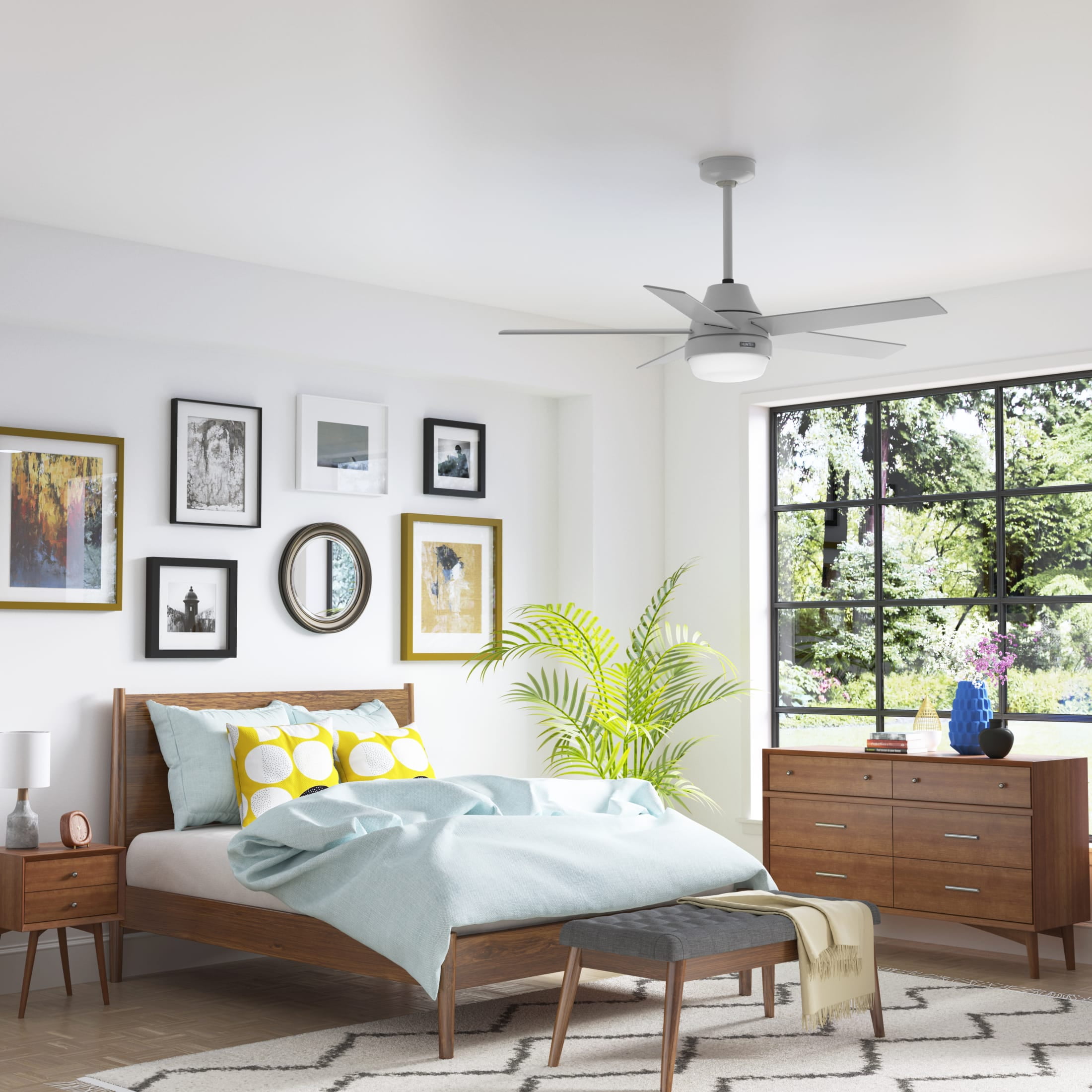 Hunter 52 inch Indoor Ceiling Fan with LED Light and Remote Control - Modern Smart Ceiling Fan, Standard Mount, 5 Blades, For Bedroom, Living Room, or Kitchen, Quiet - Aerodyne 52614, Dove Grey