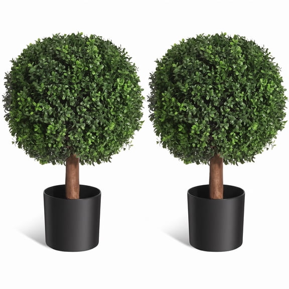 24 Inch Artificial Topiary Trees Set of 2, UV Resistant Faux Boxwood Plants with Pots, Fake Plants for Front Porch Patio Garden Walkway Entryway
