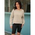 thumbnail image 2 of Unique Bargains Women Crew Neck Fleece Pullover Oversized Cropped Sweatshirt L Khaki, 2 of 7