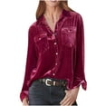 thumbnail image 2 of ICHUANYI 2023 Fall Winter Womens Golden Velvet Shirts Long Sleeve Button Down Blouses V Neck Casual Solid Loose Tops with Pocket, 2 of 5