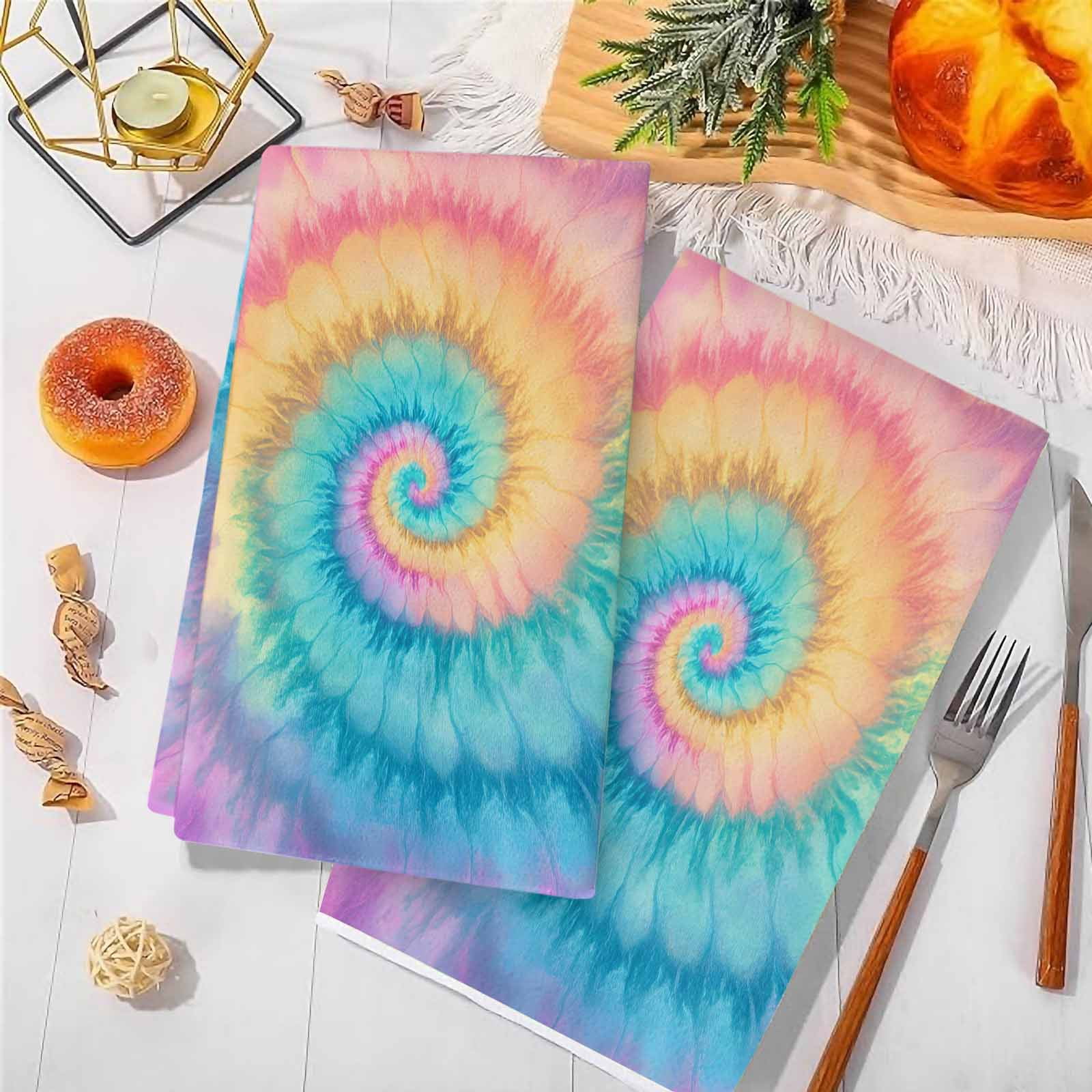 Colorful Tie Dye Kitchen Towels Set of 2, Rainbow Ombre Abstract Pattern Art Soft Microfiber Dish Towels, Absorbent Quick-Dry Washable Dishcloths for Kitchen Cleaning, Drying Dishes, 18x28 Inches